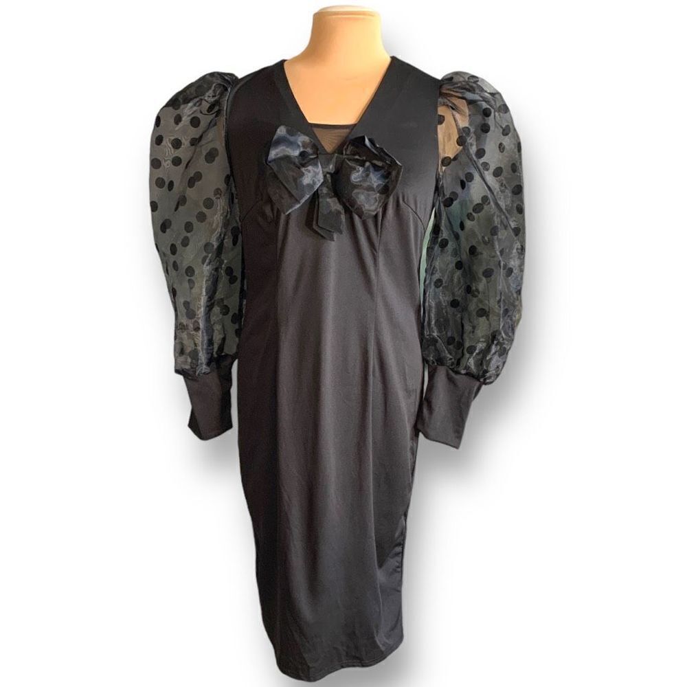Women's Dress Black Poka Dots Sheer Puff Sleeve Exaggerated Bow Detail Large